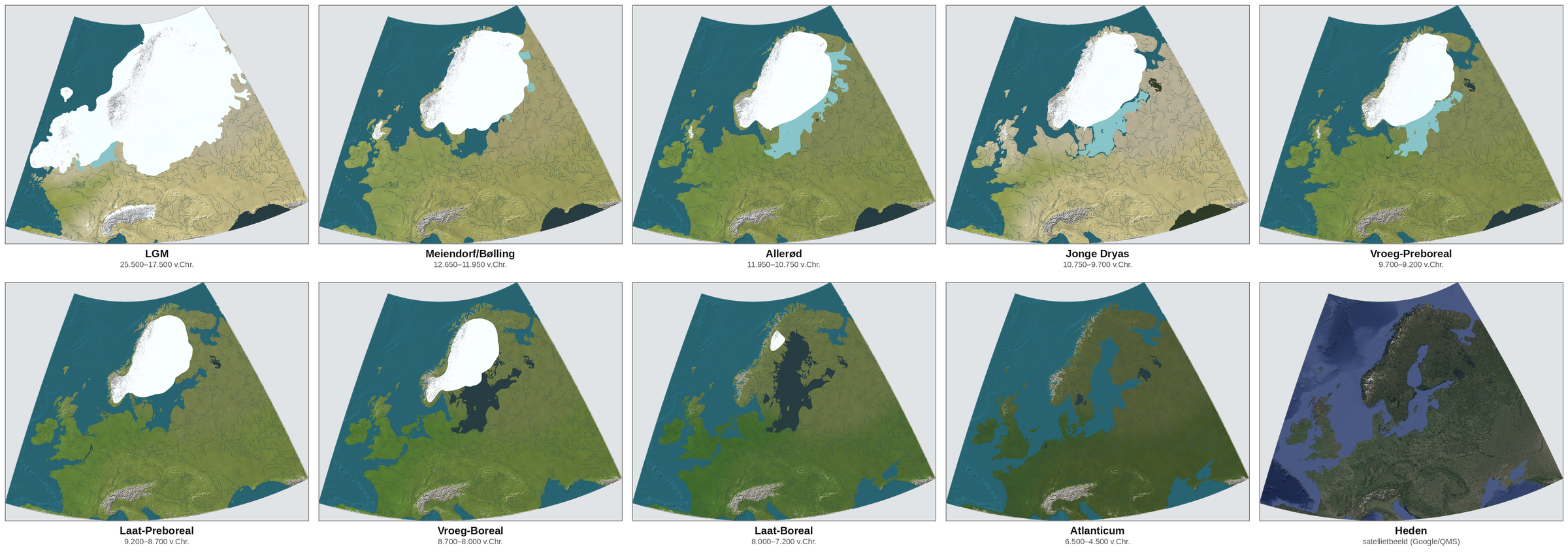 Overview grid of ten maps showing the geological periods covered in Ancient Europe, from the LGM ice sheet to present-day satellite imagery