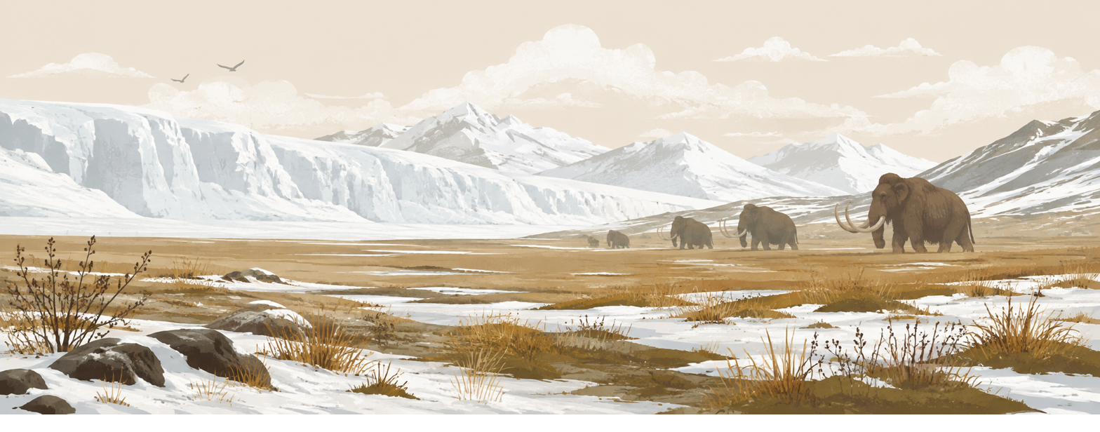Last Glacial Maximum landscape with mammoths and ice sheet