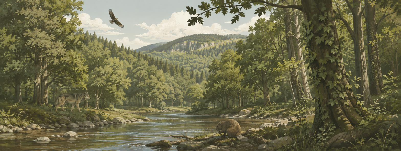 Present-day closed forest landscape with wolf and beaver